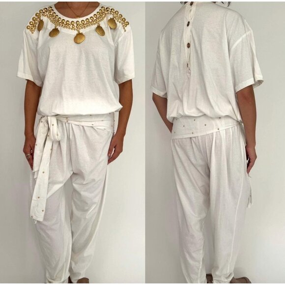 80s white embellished gold seashell retro loose cotton pant one piece jumpsuit - Picture 1 of 10
